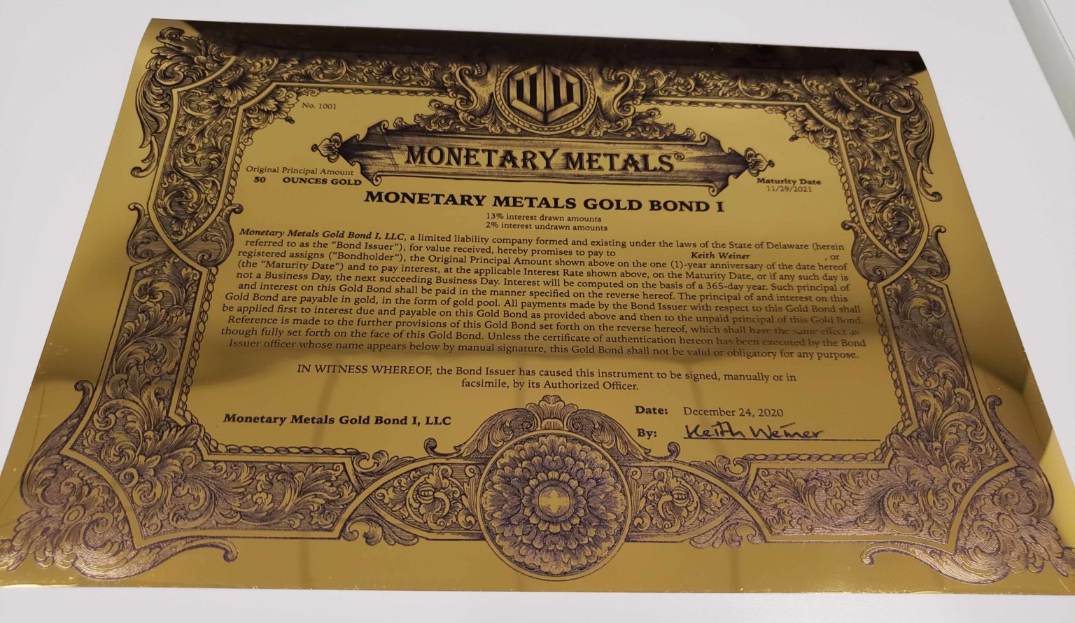 Monetary Metals Gold Bond Certificate